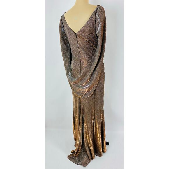 Betsey & Adam Size 14 Cape Sleeve Drape Metallic Evening Gown Taupe Modest $258 - Picture 4 of 14
